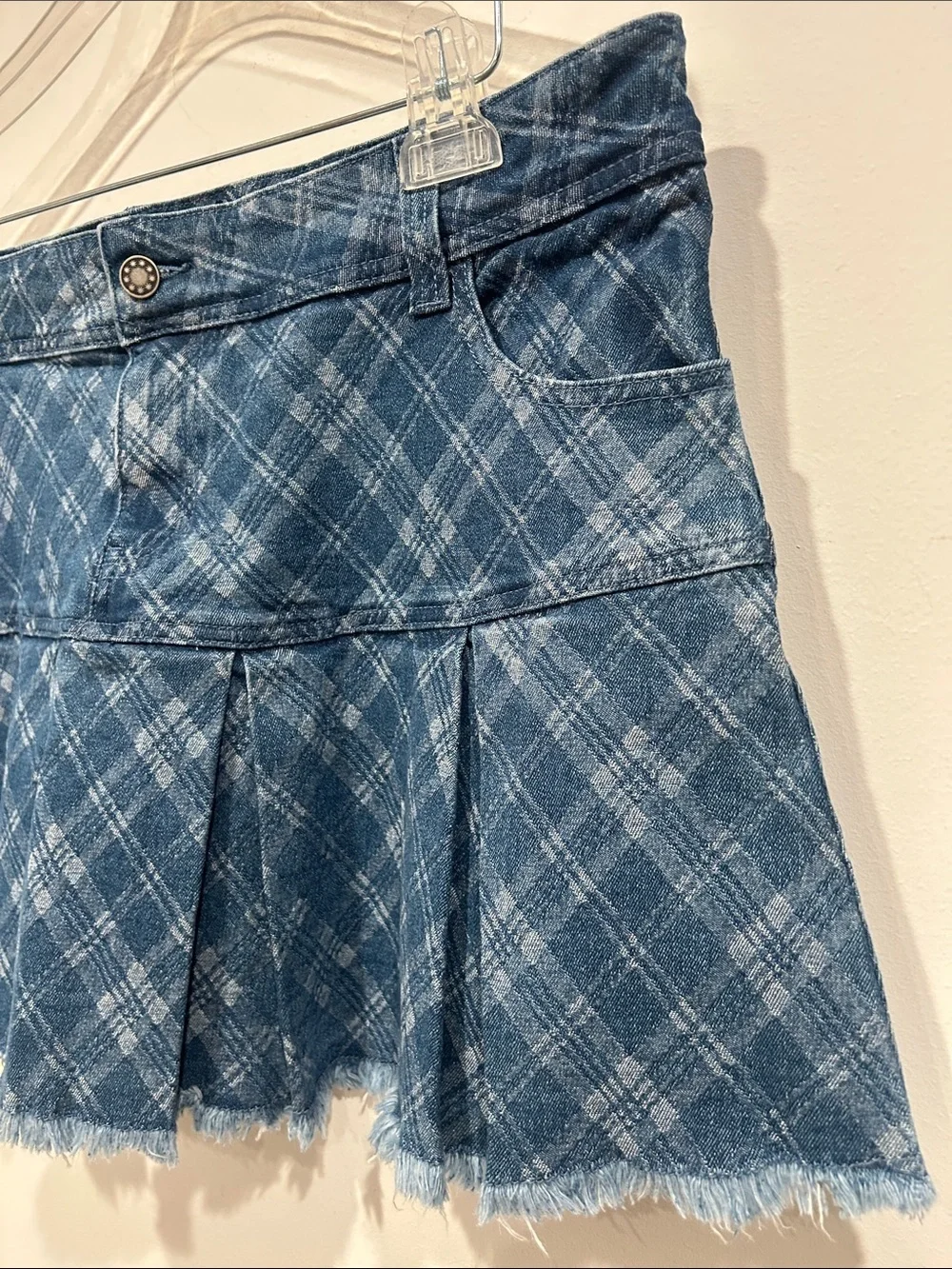 Dolls Kill Blue Plaid Denim Pleated clueless Y2K Mini Skirt xl women’s new